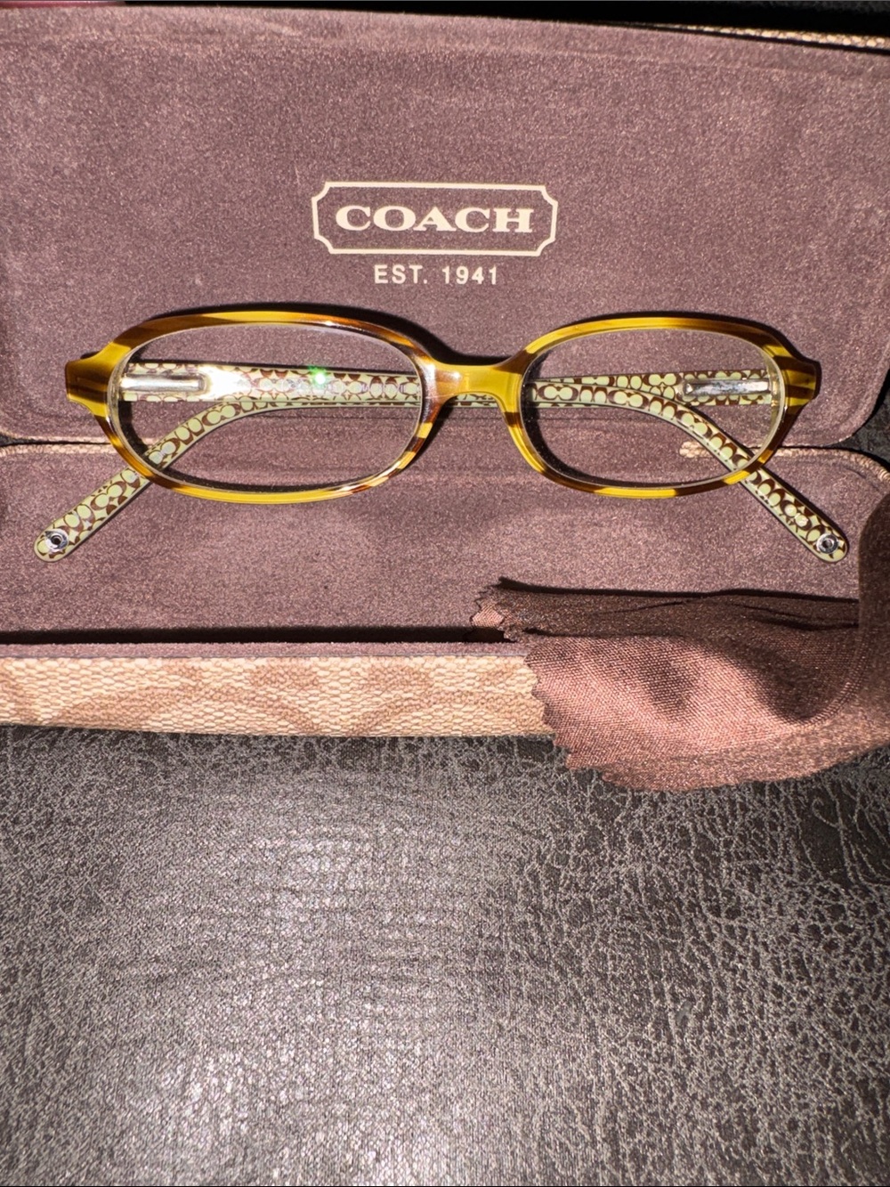 Coach Women's Yellow Tortoise Oval Glasses with Signature Patterned Temples